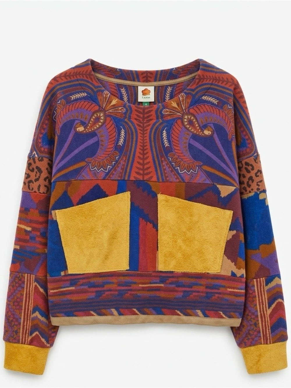 Reworked FARM Rio Mixed Print Boho Suede Pocket Oversized Cropped Sweatshirt XS